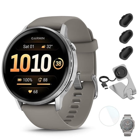 Garmin Venu 4 45mm GPS Smartwatch Silver w/ Gray Bundle +Dock Dust Covers Screen Guards