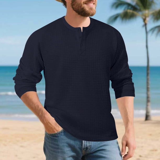 pstuiky Camisas casuales de manga larga para hombre, Camisa de entrenamiento de manga larga con cuello redondo y medio botón informal de colores sólidos para hombre Tops casuales para hombres xxxl