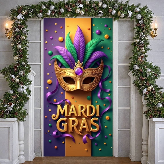 Colorful Beads Mardi Gras Banner Ornate Mask Carnival Display Red Lobster Purple Background Lobster Backdrop for Mardi Gras Party Carnival Celebration Festival Decoration