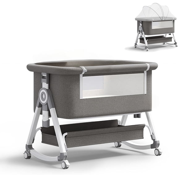 3-in-1 Baby Bassinet Bedside Cradle with Wheels, Mosquito Net & Storage Basket, Adjustable Infant Bassinet with Comfy Mattress and Breathable Mesh for Newborns