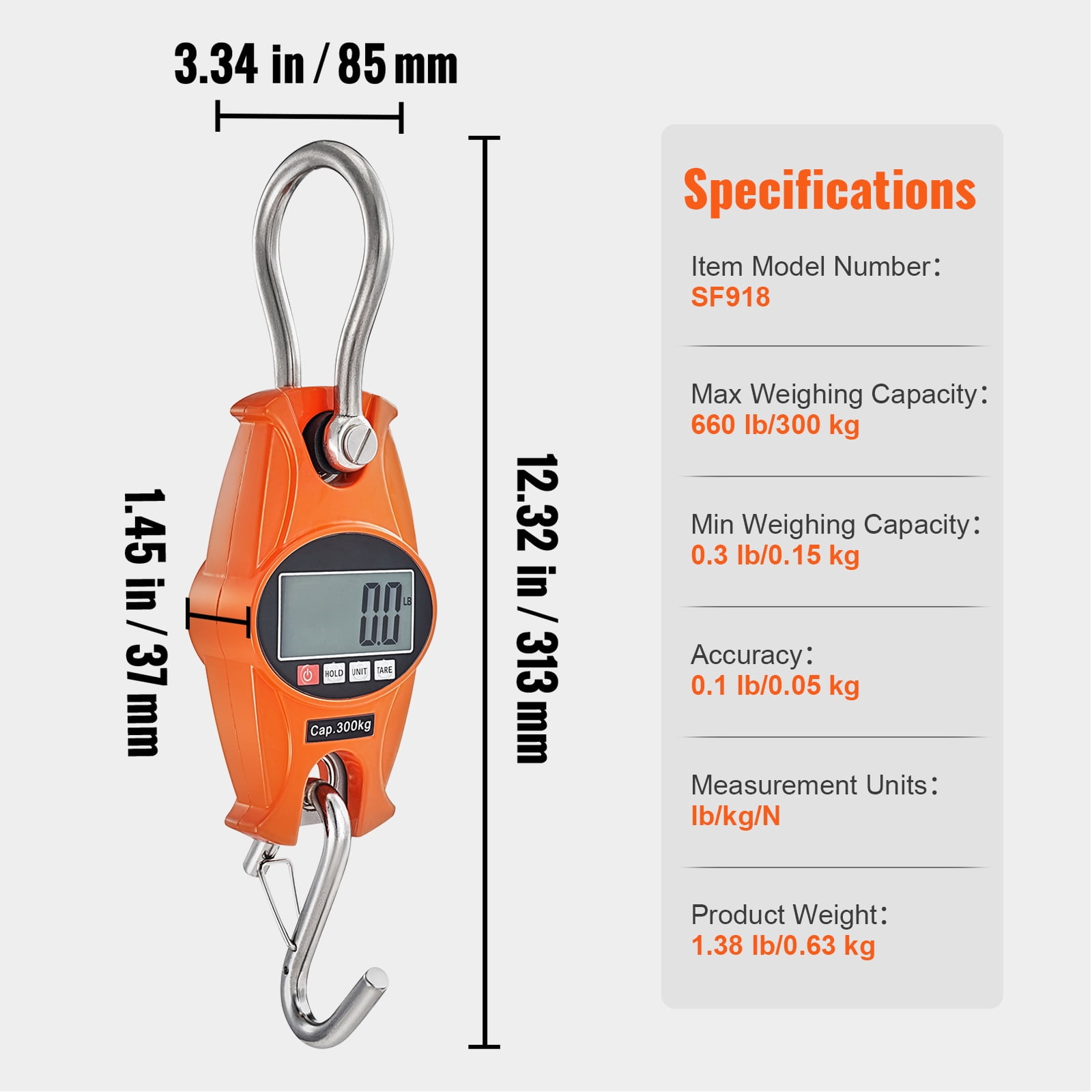 KFFKFF Electronic Hoist Scale, Capacity of 660 lbs/300 kg, Robust Industrial Grade Weighing Scale with Cast Aluminum Enclosure & LCD Display, Compact Handheld Crane with Hooks for Agricultural