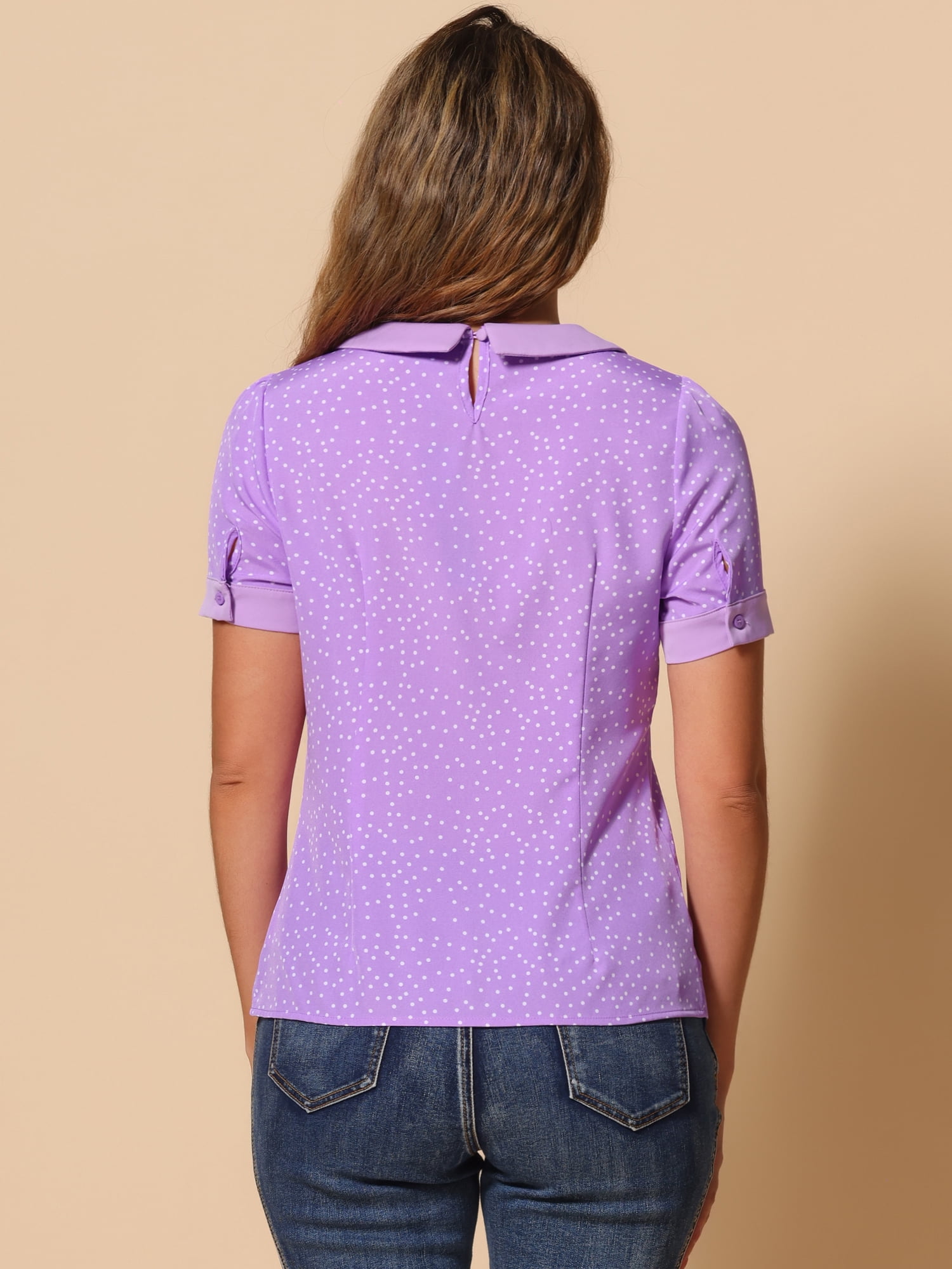 DARING DIVA Women's Contrast Peter Pan Collar Polka Dots Tops S Light Purple