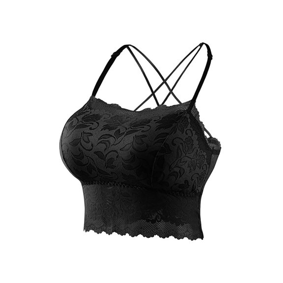 MOJOGO Women's Lace Undershirts Crisscross Back Tank Tops Wireless Bra Removable Padding Cami Black Free Size