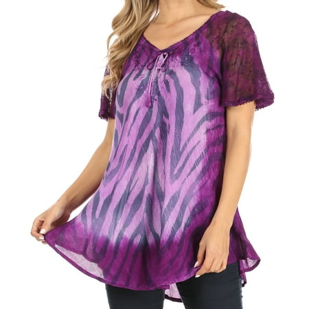 

Sakkas Petra Women s Casual Loose Flared Corset Short Sleeve Lace Blouse Top Tunic - 2206-Purple - One Size