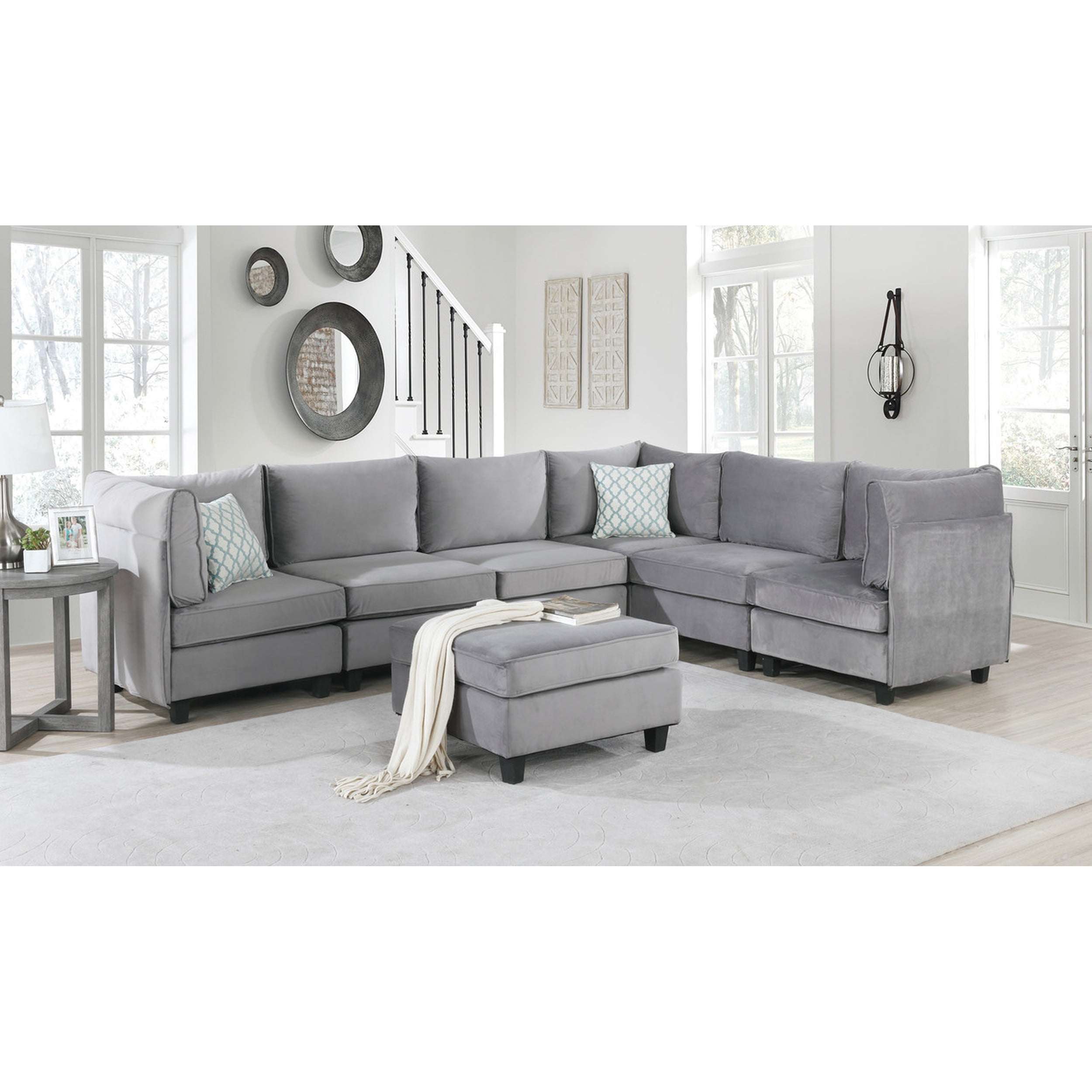 Simona Gray Velvet 7Pc Modular Sectional Sofa