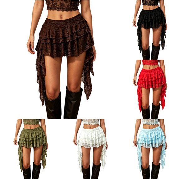 Unir Women Multi-Layer Floral Lace Ruffle Mini Skirt Wide Elastic Waist Irregular Asymmetrical Side Drape Western Festival Casual Short Bottom 1PC XS-L Plus Size Friendly