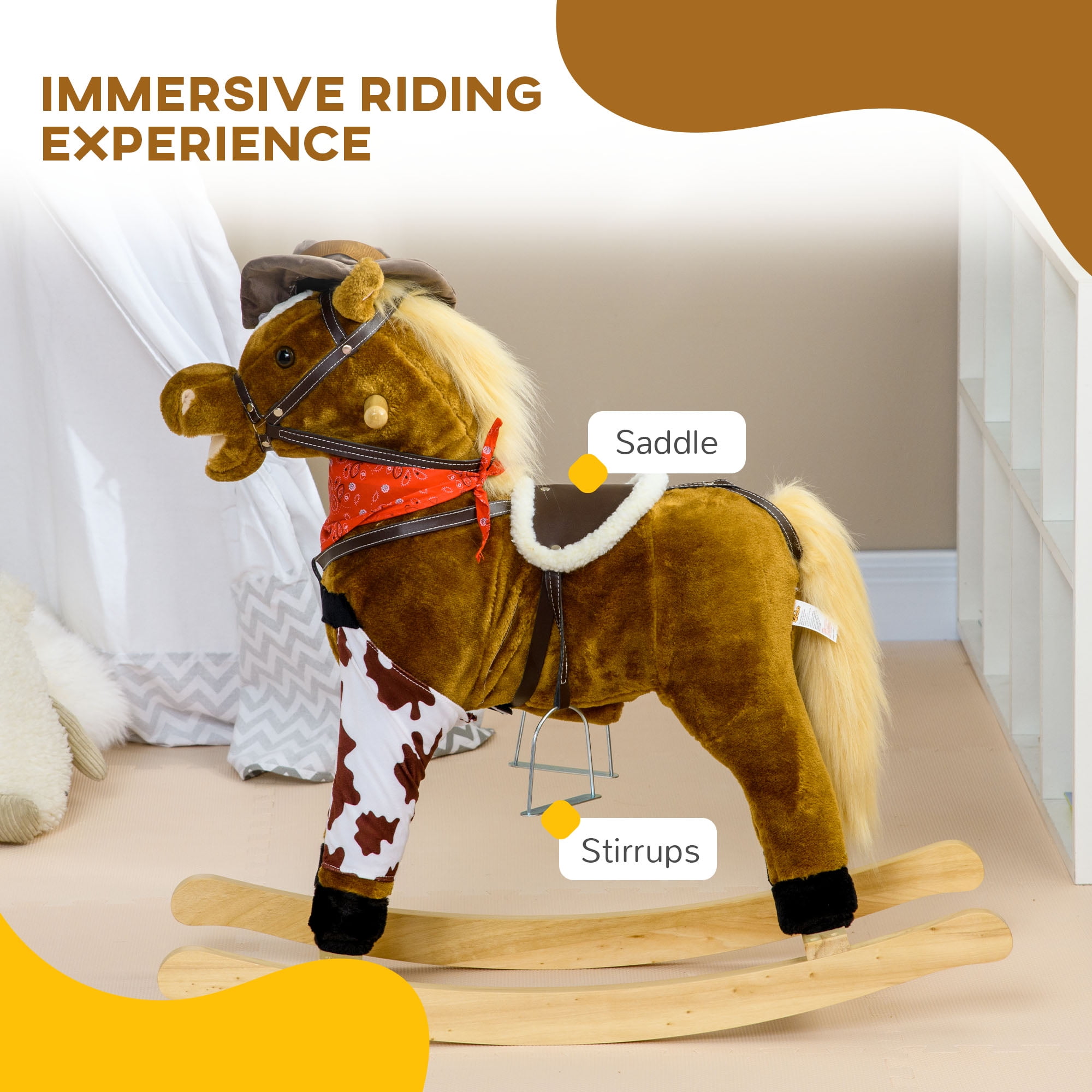 Qaba Baby Rocking Horse,Large Riding Horse,Plush Animal Rocker with Realistic Sound,Saddle,Toy for Boy Girl Ages 3-8 Years Old,Brown,Brown Plush Toys Kids Bikes Riding Toys