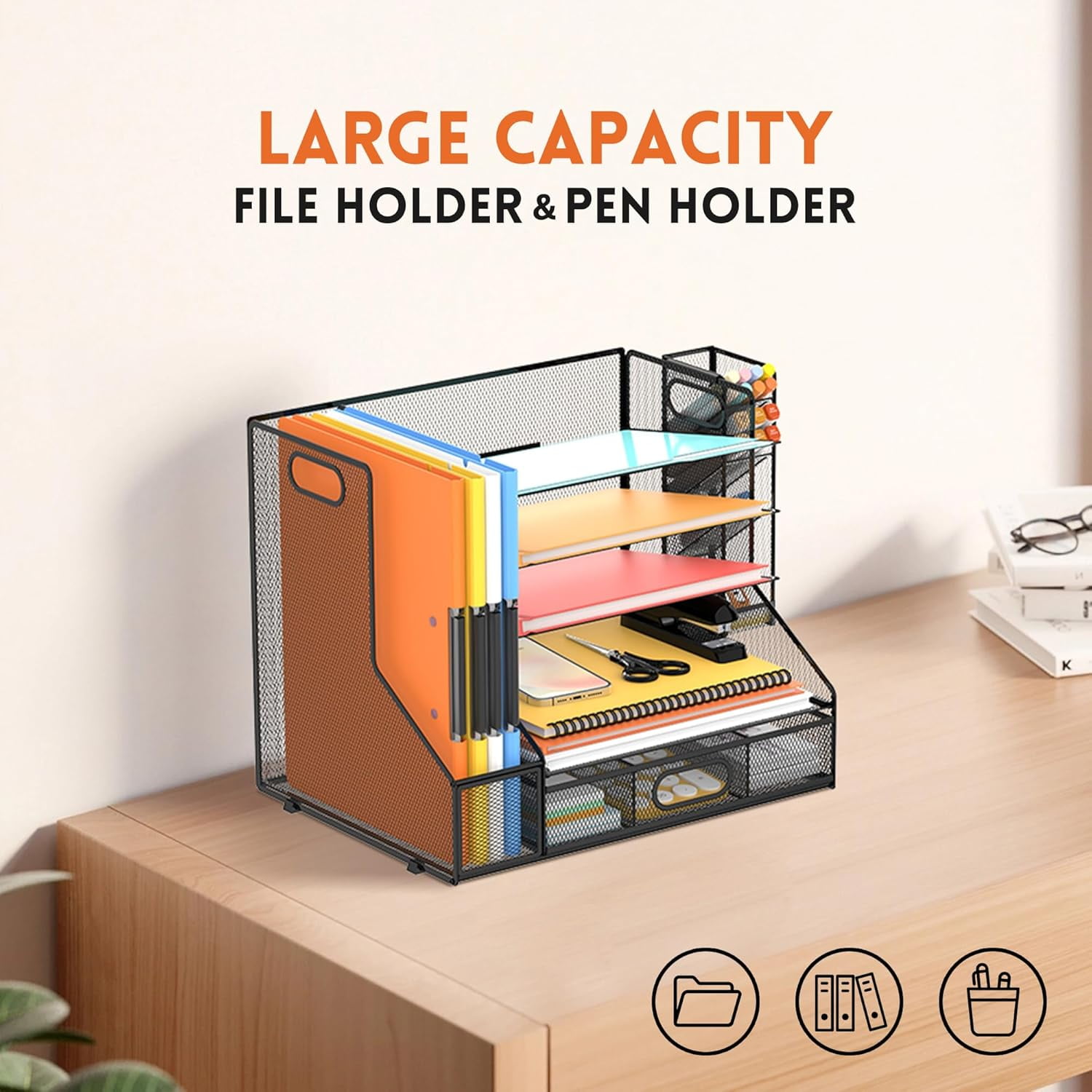 Mesh Desk Organizer, 5-Tier Paper Letter Tray with File Holder & Pen Holder & Sliding Drawer, Desktop Organizer and Storage for Desk Accessories Office Supplies, Black