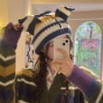 thumbnail image 4 of Pig Ear Decor  Dome Elastic Knitting Hat Women Winter Striped Print Riding Beanie Cap, 4 of 10