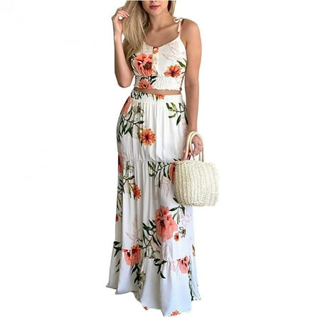 Deals of the Day,Jovati 2 Piece Summer Outfit Dress for Women 2022 Fashion Floral Casual Buttons Sleevless Camis Tops and Skirt Dress Set on Clearance