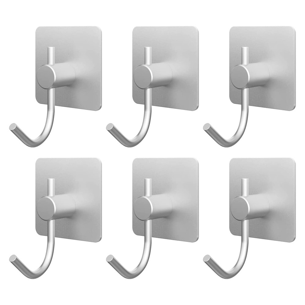 6 Pack Stainless Steel Self Adhesive Hooks Peel & Stick Multi Purpose