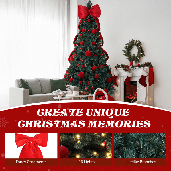 Alvantor 7.5 ft Dark Green Artificial Christmas Tree, 1600 PVC Tips, 300 Warm White LEDs with Remote, Oversized Red Bow and Ornaments