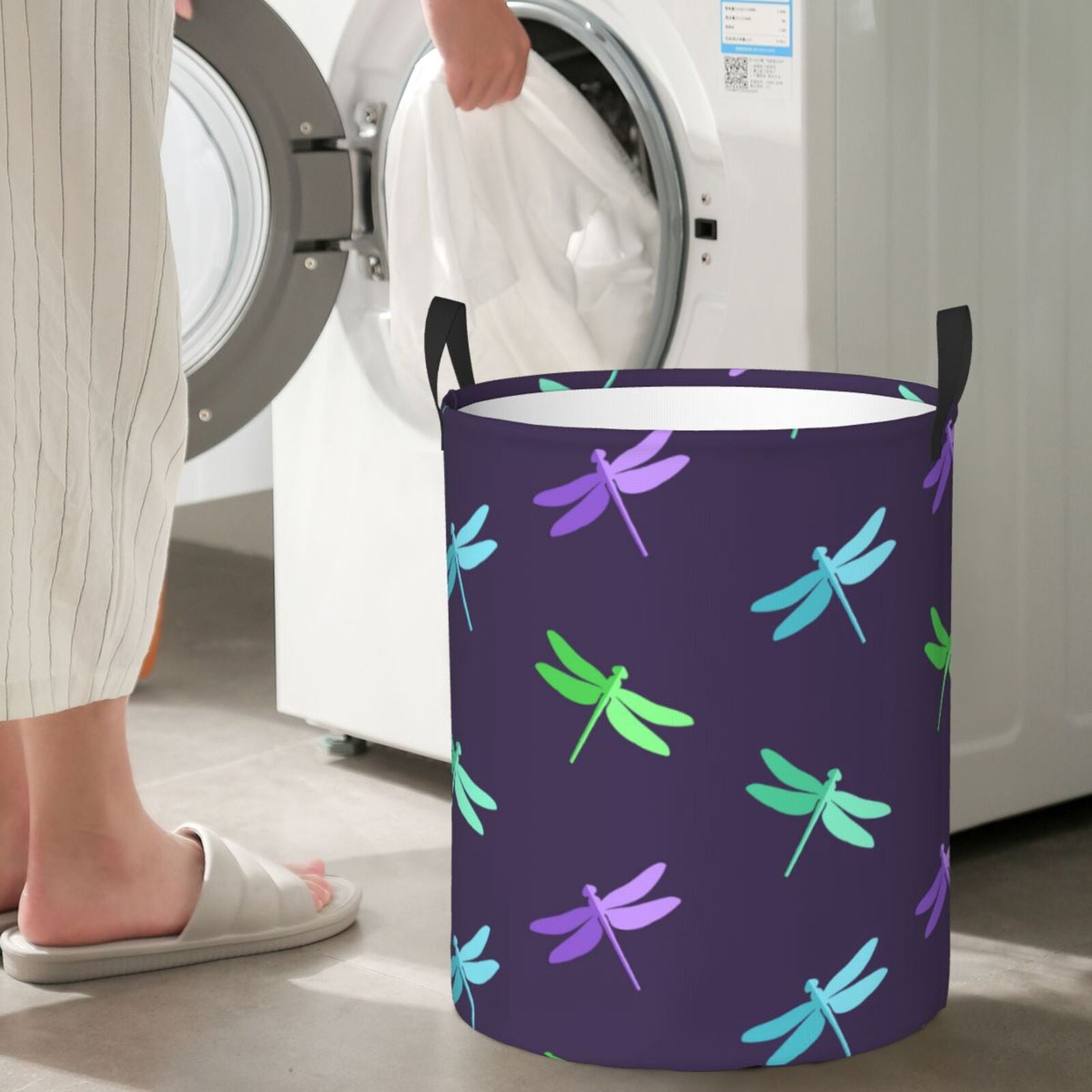 Large Laundry Basket with Handles - Blue Green Purple Dragonfly Kids Baby Dirty Clothes Laundry Hamper for Bedroom Aesthetic