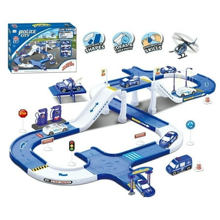 Police city track toy - with garage, car wash and gasoline. includes 2 cars, 1 truck crane, 1