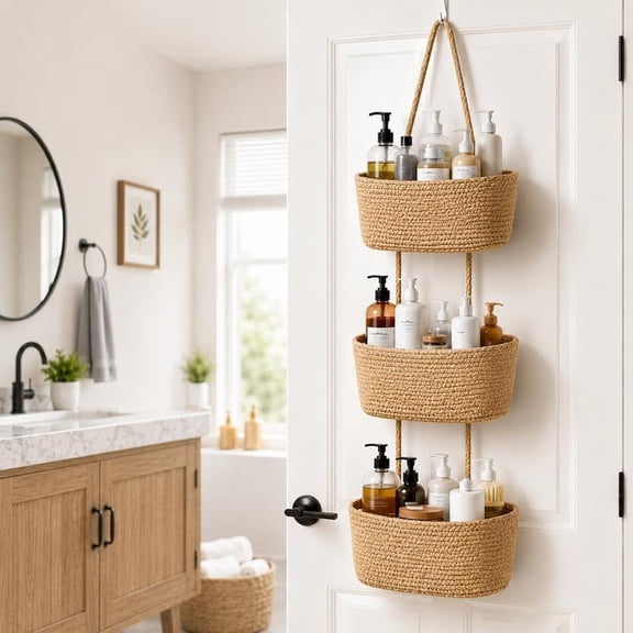3-Tier Woven Cotton Over Door Storage Basket, Dual Over-the-Door & Wall Mount Hanging Organizer, Breathable Cotton Woven Hanging Caddy for Bathroom Nursery Bedroom Sundry Storage Decor