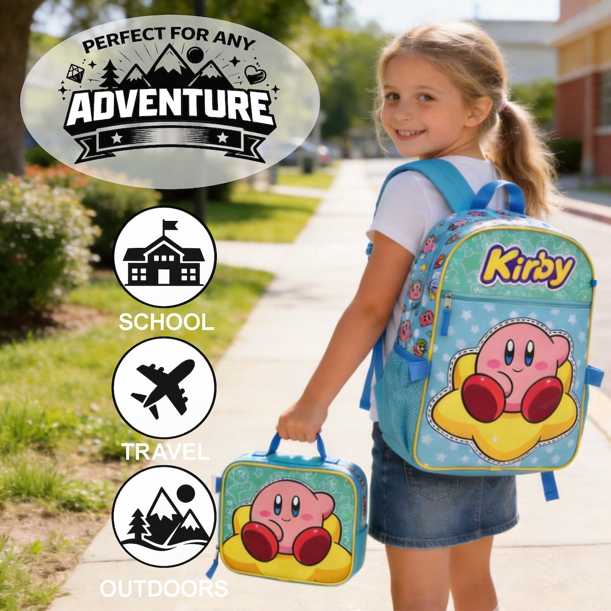 Kirby 5-Piece Set: 16 Backpack Lunchbox Utility Case Rubber Keychain and Carabiner