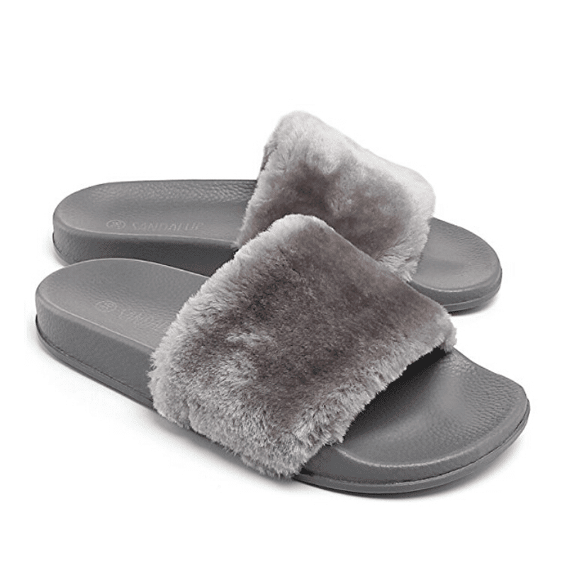 Womens Ladies Flat Faux Fur Slipper Sliders Slip On Comfy Sandals Flip Flop Size 