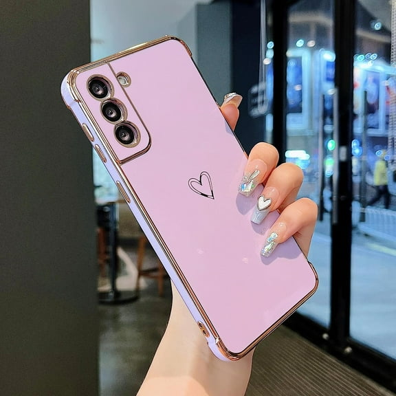 Samsung Galaxy S21 FE 5G Case,Cute Plating Edge Love Hearts Pattern with Camera Lens Protection Phone Cover for Galaxy S21 FE 6.4",Purple