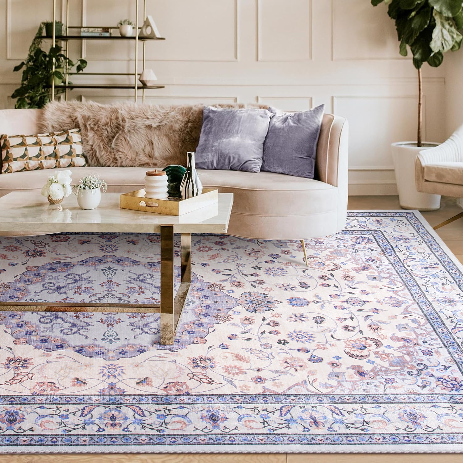 Jamfeel Area Rugs Vintage Floral Printed Washable Non-slip Carpets Foldable Thin Low Pile Rug for Living Room Bedroom 8'x10' Blue