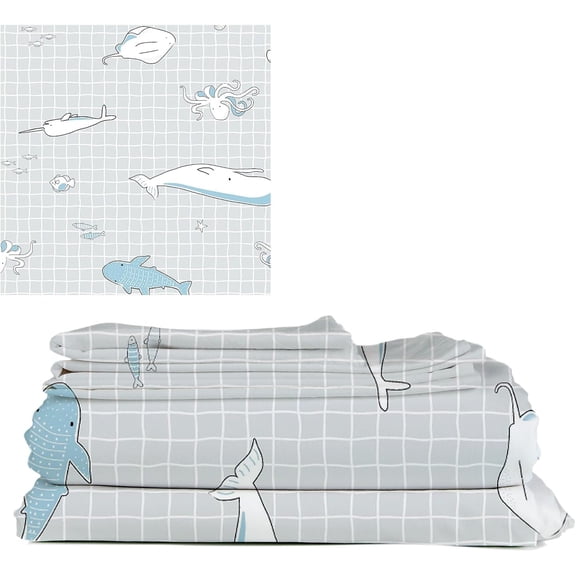Juego de Sabanas y Funda de Almohada Bluelander, Individual, Diseño de Ballenas