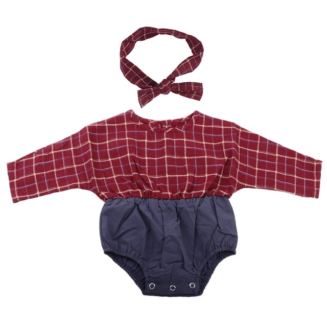 Ropa de bebé recién nacido, mono de algodón a cuadros con diadema (rojo oscuro, 73)