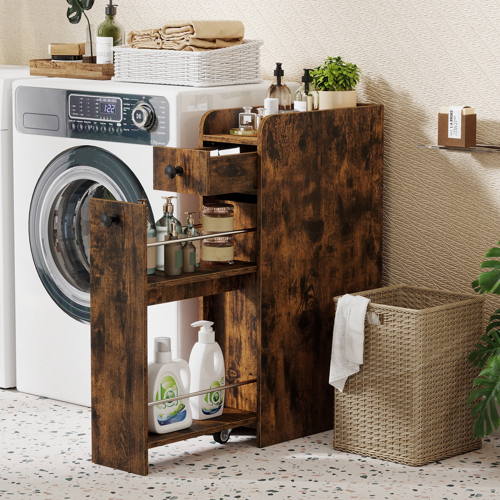 Costway Slim Bathroom Storage Cabinet with Slide Out Drawer Spacious Top Rolling Wheels Rustic Brown