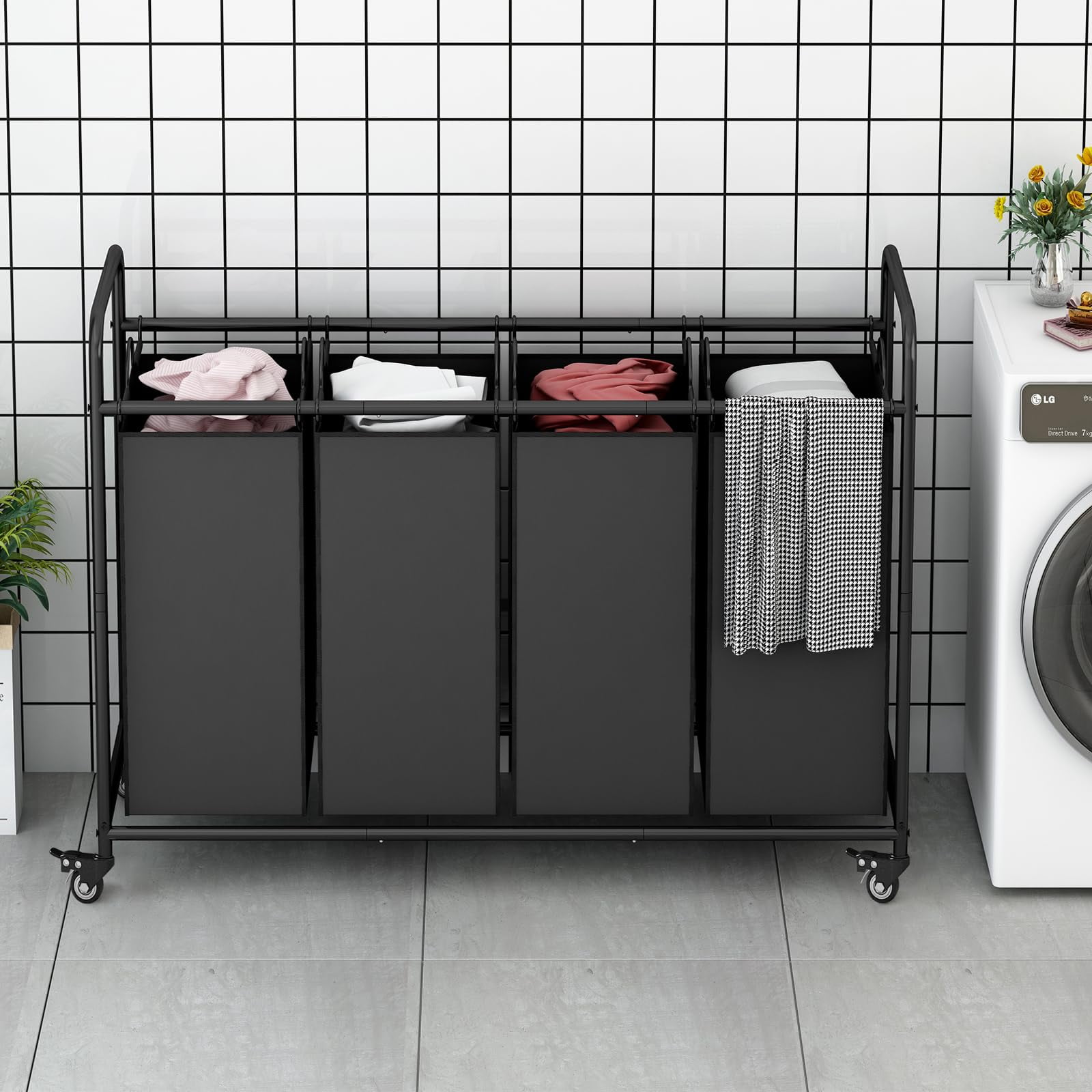 4 Bag Laundry Basket Sorter Laundry Hamper Cart with Heavy Duty Rolling Lockable Wheels and Removable Bags Organiser
