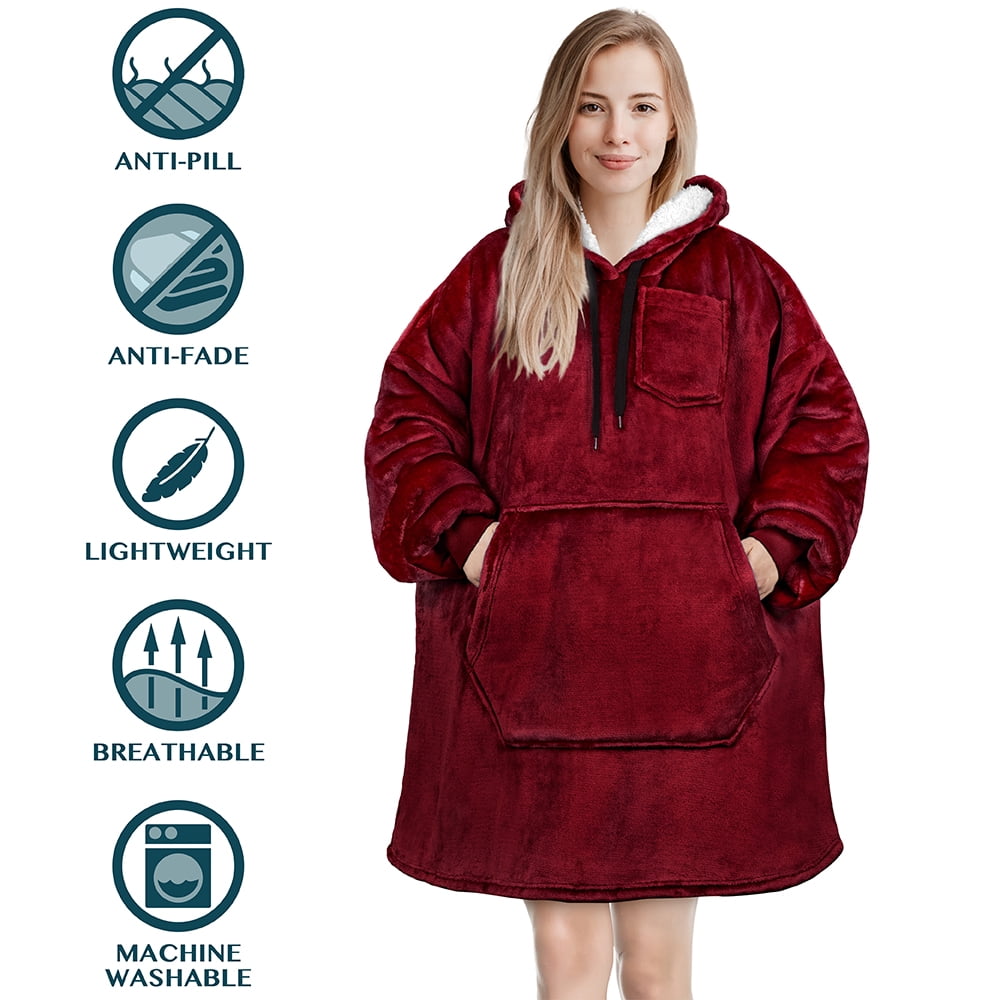 PAVILIA Blanket Hoodie for Women Burgundy, Sherpa Wearable Blanket Men, Cozy Oversized Sweatshirt Blanket, Warm Fleece Hooded Blanket Sweater with Sleeves and Giant Pocket, Wine Red