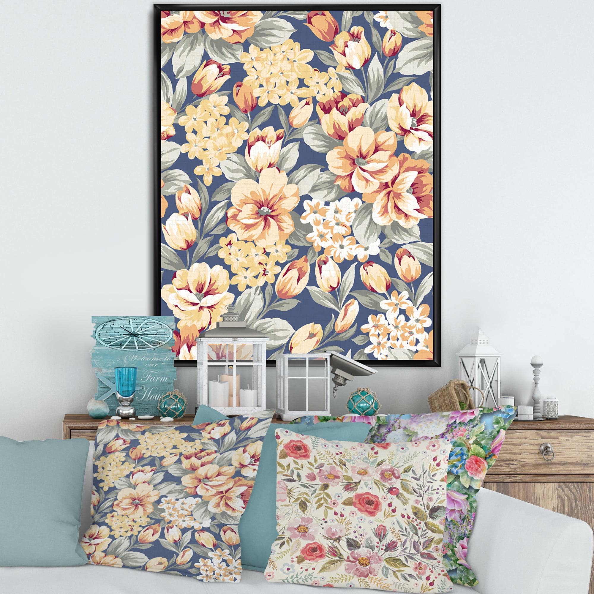 Vintage Orange and Yellow Flowers 24 in x 32 in Framed Painting Canvas Art Print, by Designart