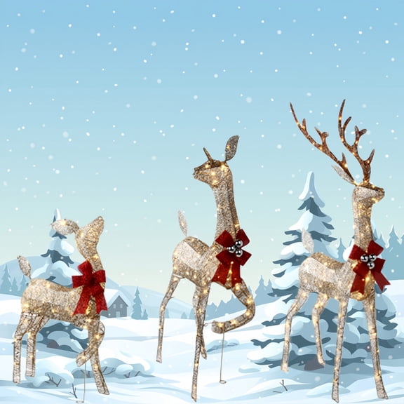 5ft Warm White LED Deer Family Set, 3D Outdoor Christmas Decor, Tall Lighted Figures with Sturdy Stakes for Lawn & Garden