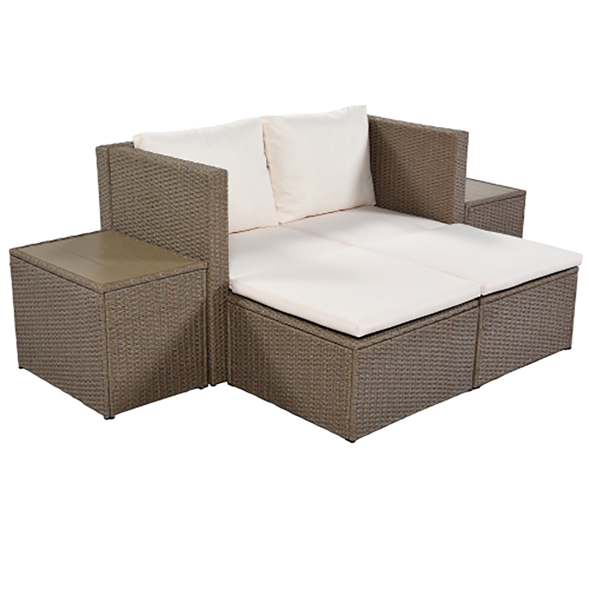 Kadyn Patio Furniture Set 6 Piece All Weather PE Wicker Rattan Outdoor Combo Sofa with Rectangular Table and Chairs for Backyard Porch, Brown Wicker, Brown Wicker + Beige Cushions Kadyn Patio Furniture Set 6 Piece All Weather PE Wicker Rattan Outdoor Combo Sofa with Rectangular Table and Chairs for Backyard Porch, Brown Wicker, Brown Wicker + Beige Cushions