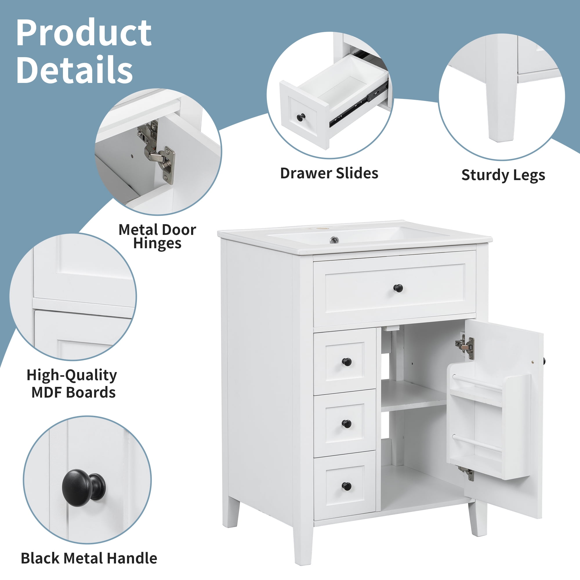 Euroco "24" White Bathroom Vanity with Sink, MDF & Rubberwood Construction, 3 Drawers & Cabinet with Adjustable Shelves, Modern Design for Small to Medium Bathrooms"