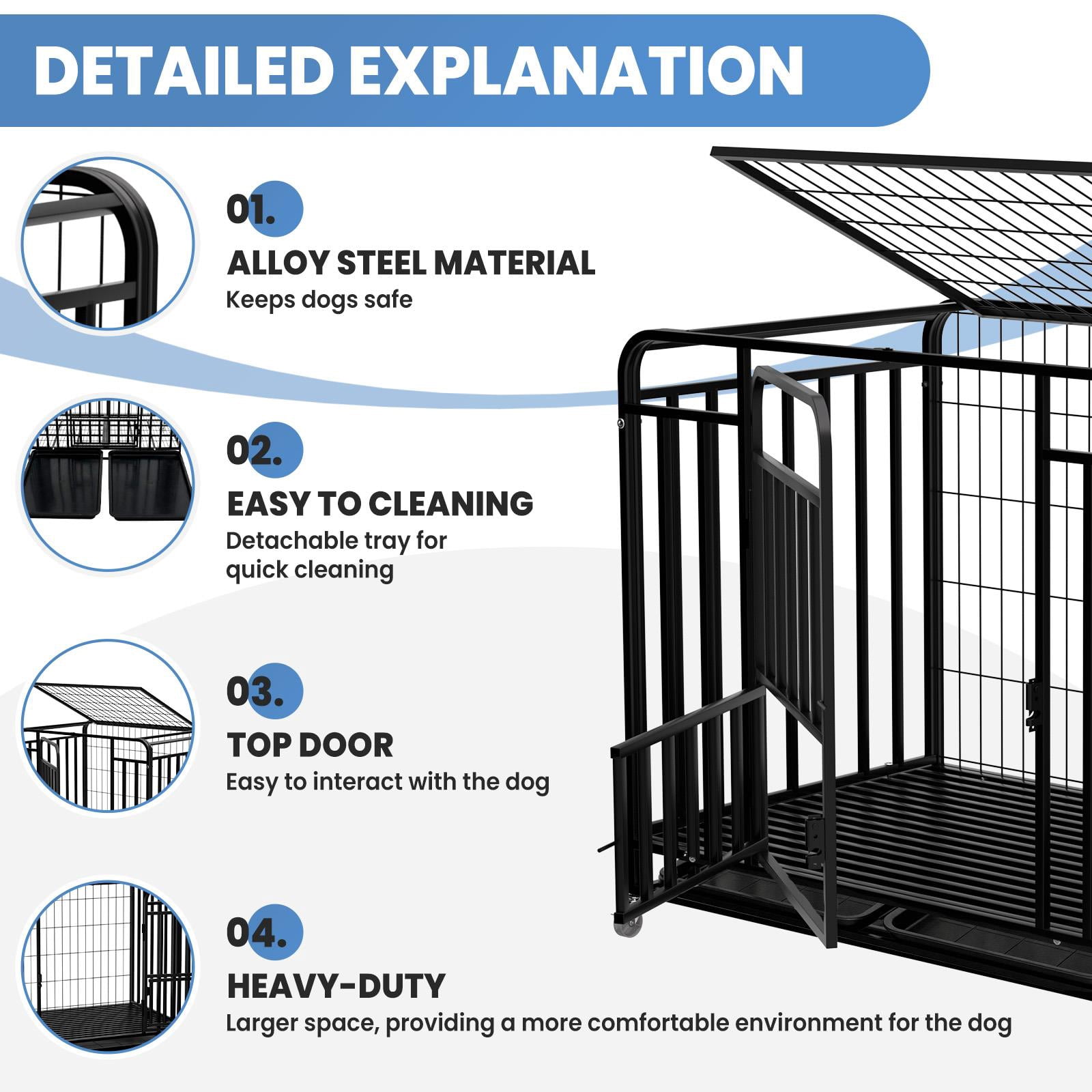 Black 42inch Indestructible Dog Cage, Double Door Dog Crate with Lockable Wheels, Easy Clean Removable Tray Dog Kennel for indoor apartment pet daily care and confinement