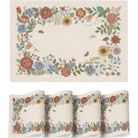 Florals Butterfly Spring Vinyl Placemats Set of 4, Washable Non-Slip Plastic Table Mats for Vintage Holiday Party Kitchen Dining Decor