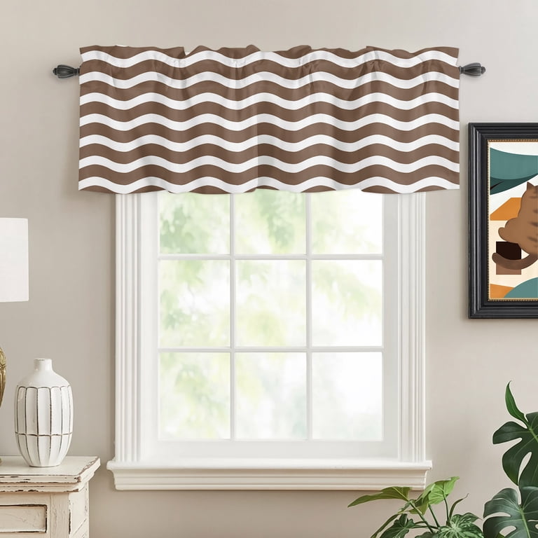 Brown White Rod Pocket Curtain Valance, Modern Abstract Waves Water ...