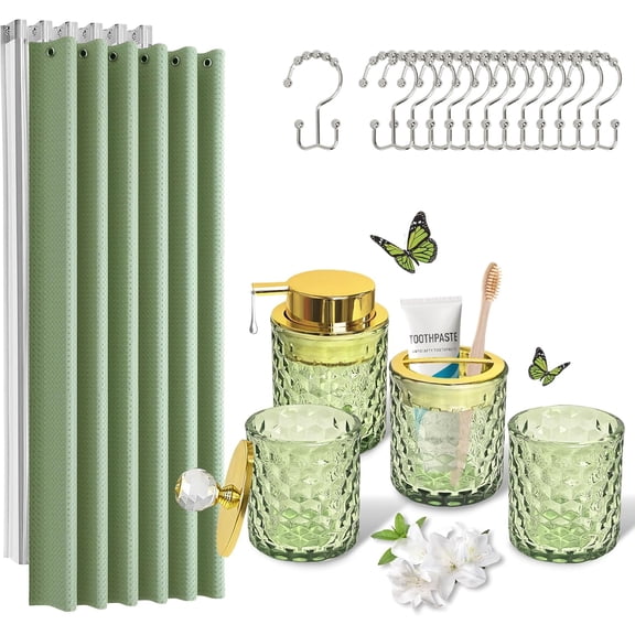 Green Bathroom Accessories Set – 5PCS Sage Green Bathroom Accessories Set with Shower Curtain, Soap Dispenser, Toothbrush Holder, Tumbler & Cotton Jars – Bath Decor for Home