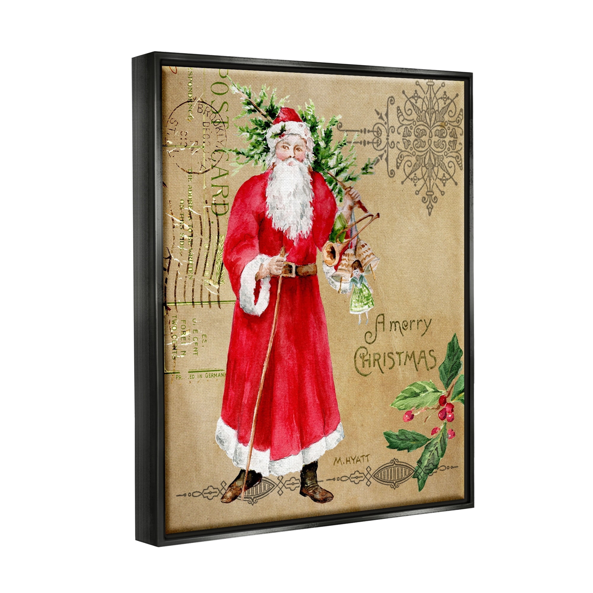 Stupell Industries Vintage Santa Claus Vintage Christmas Postal Design Jet Black Framed Floating Canvas Wall Art, 24x30, by Melissa Hyatt LLC