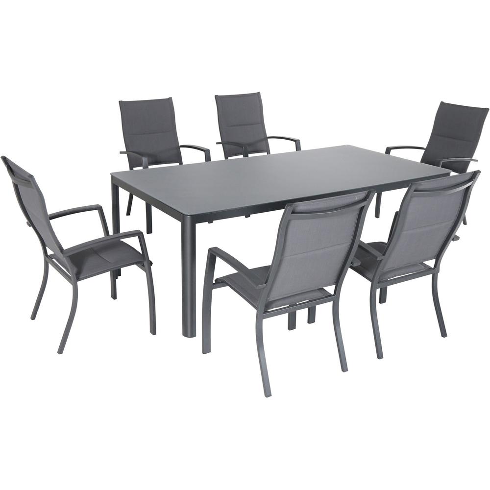 Hanover Fresno 7-Piece Outdoor Dining Set with 6 Padded Sling Chairs and a 42" x 83" Glass-Top Table - image 2 of 12