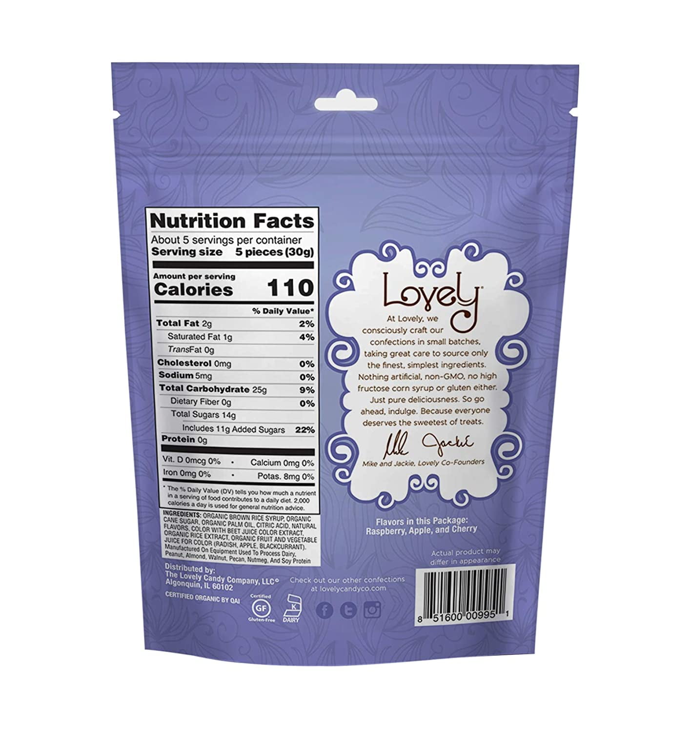 Lovely Candy Organic Sour Chewy Candies 5oz (6-pack) | Raspberry, Apple, & Cherry | Vegan, Gluten Free, Non-GMO, No Artificial Ingredients