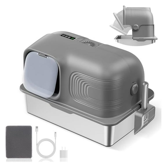 Stainless Steel Litter Box for Cats – Enclosed Cat Litter Box with -Top Lid, 65L Extra-Large Capacity, Patented Odor Control Technology, Leak-Proof Design, Includes & Mat, Easy to Clean