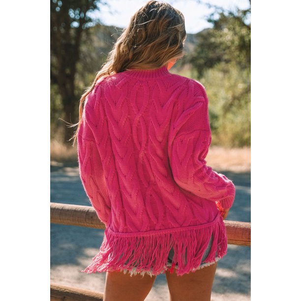 ABPHQTO Suéter rosa con cuello alto y borlas de punto trenzado para mujer
