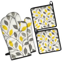 Yellow and Gray Leaves Modern Art Kitchen Oven Mitt and Pot Holder Sets 4 Pcs for Baking, Cooking and Grilling, Heat Resistant Up To 392 °F