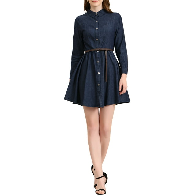 INSPIRE CHIC Robe-Chemise en Denim pour Femmes à Manches Longues au-Dessus du Genou avec Ceinture TP Noir Bleu