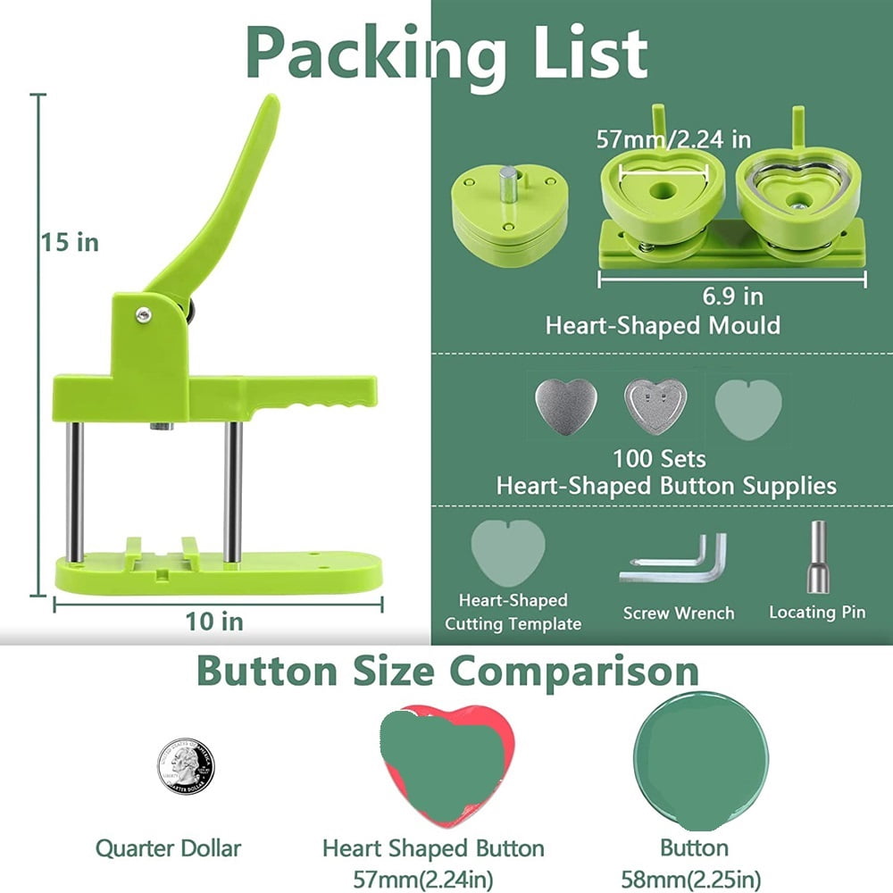 57MM Badge Pin Button Maker Machine Heart-Shape DIY Badges Set with 100Pcs Button ,Beginner-Friendly