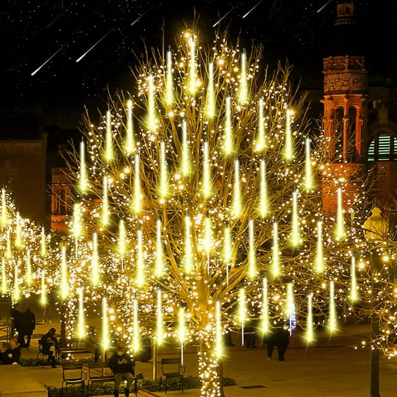 Christmas Lights Outdoor Meteor Shower Rain Lights, 20 Tubes 720 LEDs 16 Inch Waterproof Plug in Falling Rain String Lights for Halloween Xmas Holiday Party Home Patio Decoration, Warm White