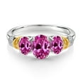 thumbnail image 2 of Gem Stone King 925 Sterling Silver and 10K Yellow Gold Oval Pink Created Sapphire and White Diamond 3 Stone Ring for Women (2.68 Cttw, Gemstone September Birthstone, Size 5), 2 of 3