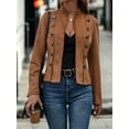 thumbnail image 4 of Chaqueta de Gamuza Sintética para Mujer, Informal, de Otoño, de Larga, Cuello Alto, con Abertura Frontal, Blazer Corto, Abrigo. Marrón Oscuro S, 4 of 9
