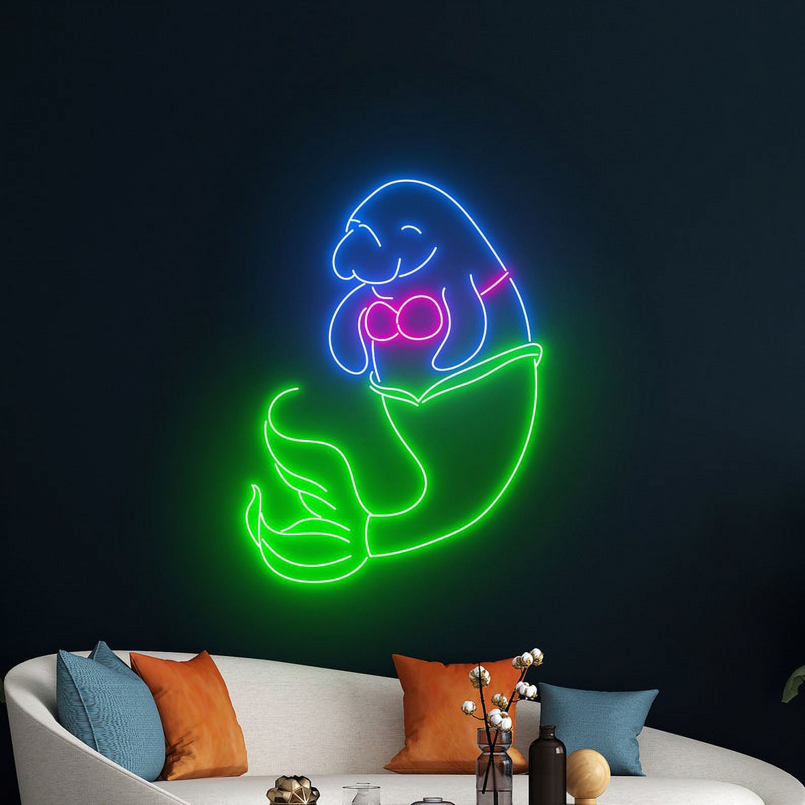 Handmadetneonsign Manatee Mermaid Neon Sign, Mermaid Neon Led light Art Decor, Mermaid Wall Decor