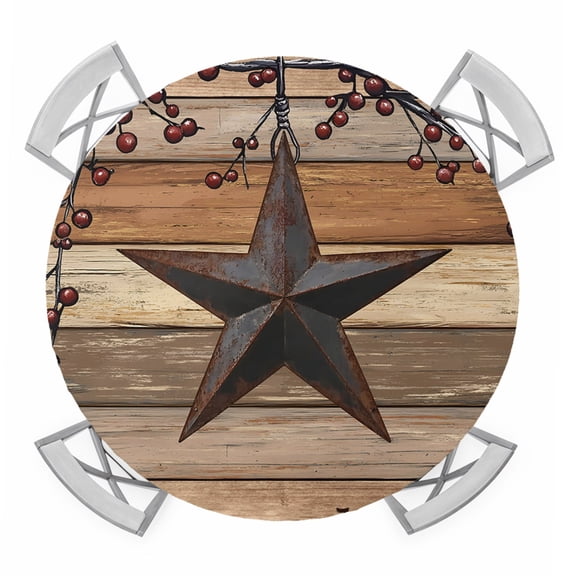 Texas Star Vintage Round Tablecloth for 45-54 Inch Tables, Fitted Table Cover with Elastic Edge, Berry Dark Brown Wooden Waterproof Outdoor Table Cloth Protector for Patio Garden Dinner Picnic