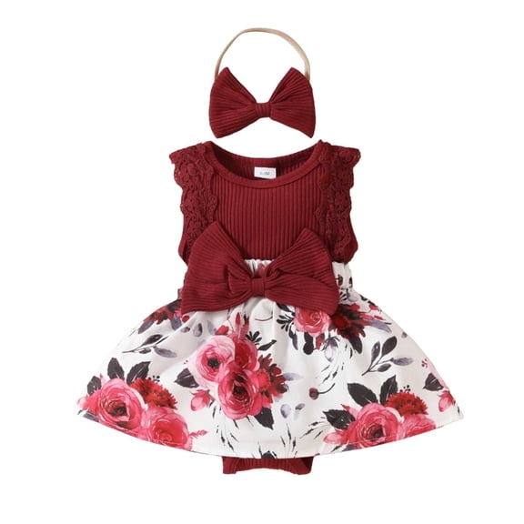 Shadoumai Girl Baby Sleeveless Lace Jumpsuit Flower Bow Romper Outfit Headband 0-1 Year Summer Clothes
